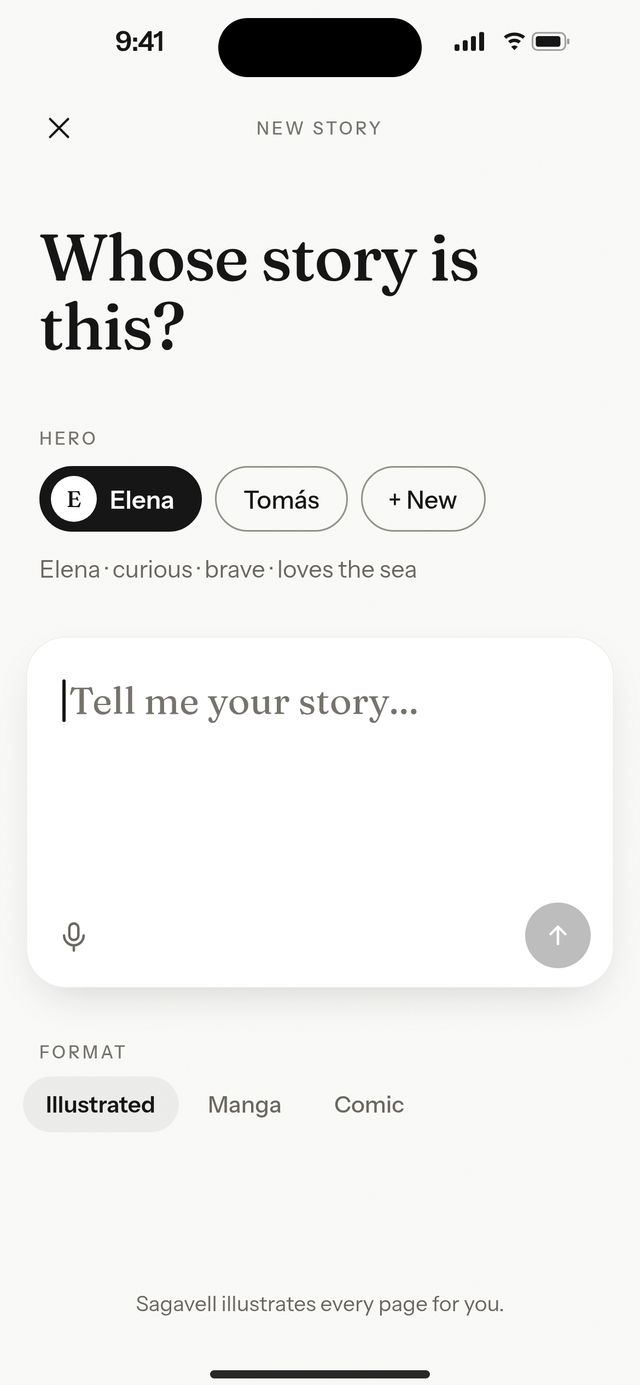 Create screen on iPhone: “Whose story is this?”, hero chips Elena and Tomás, and a single field: “Tell me your story…”.