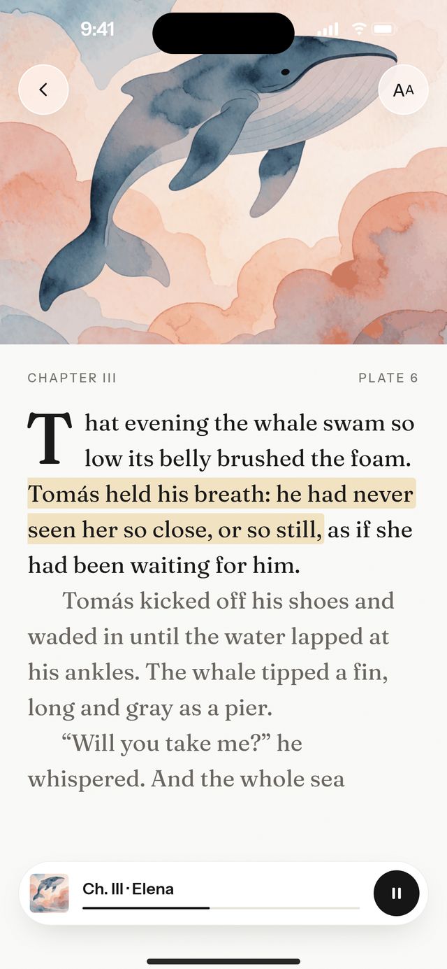 Sagavell narration on iPhone: the line being read is highlighted, with a mini player at the bottom.