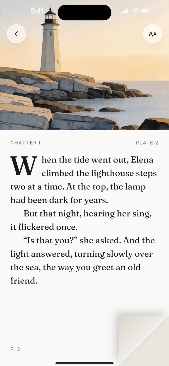 Sagavell reader on iPhone: a watercolor lighthouse above the first page of a chapter, with the corner of the page curling.