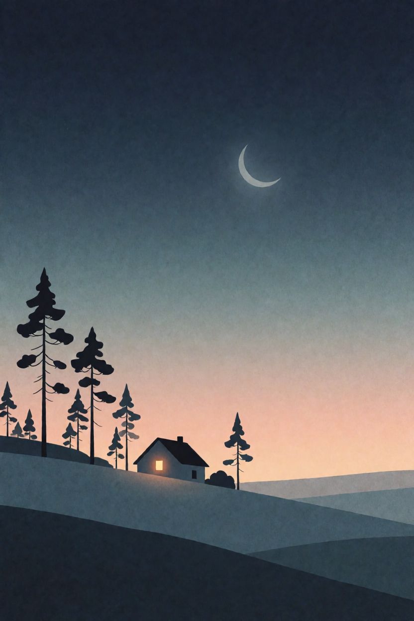 Watercolor illustration: a small house on a hillside under a crescent moon, at dusk.